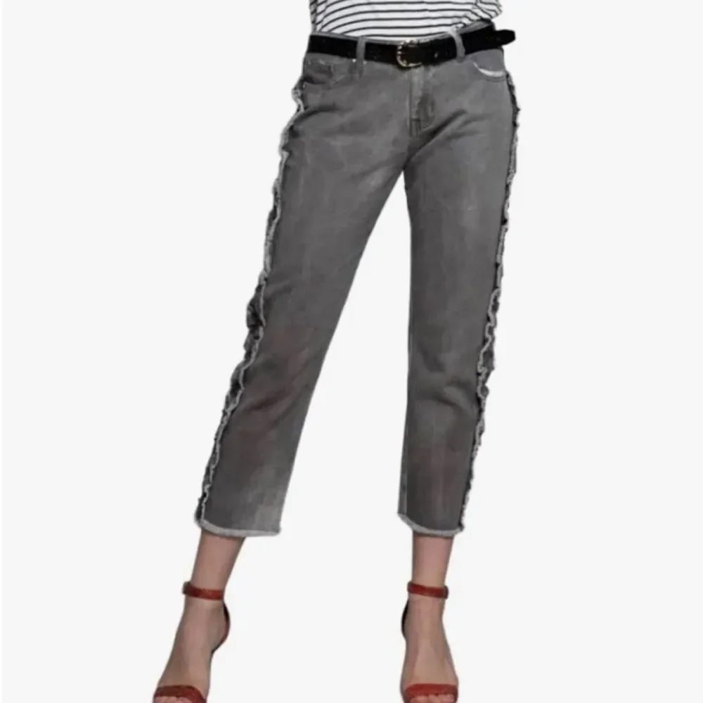 POL | Anthropologie Jeans Pol Ruffle Side Crochet Trim Mid Rise Cropped Gray M - Picture 2 of 12